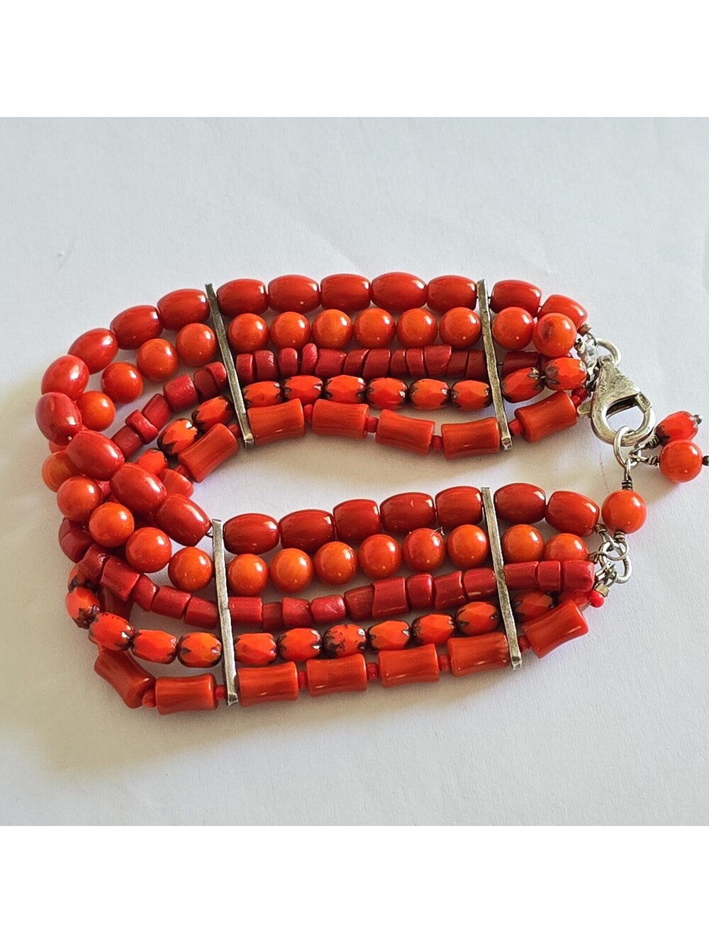 Vintage 925 Sterling Silver Multi Strand Coral Bead Bracelet